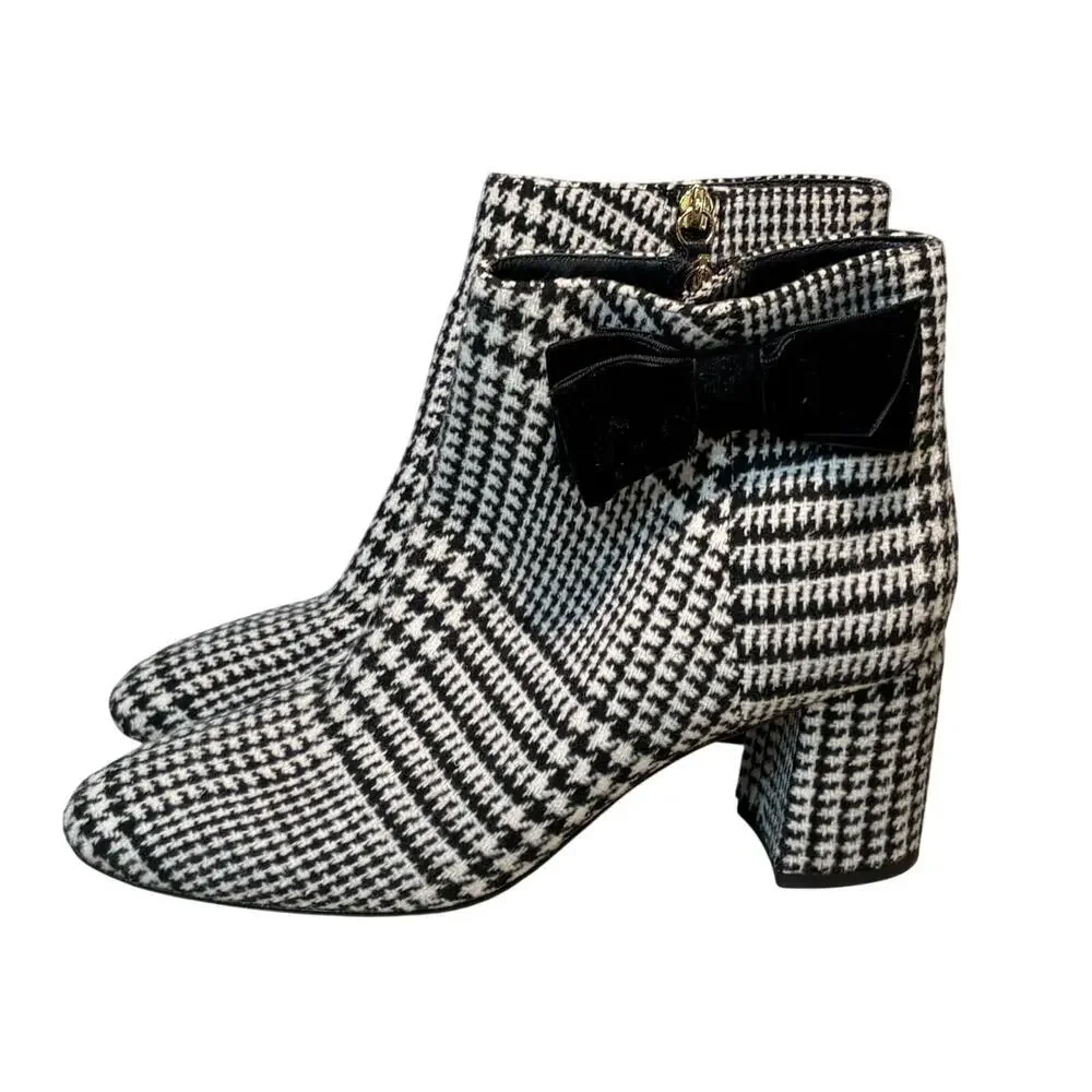 Kate Spade New York Holly Bow Houndstooth Black & White Ankle Boots Size 9.5